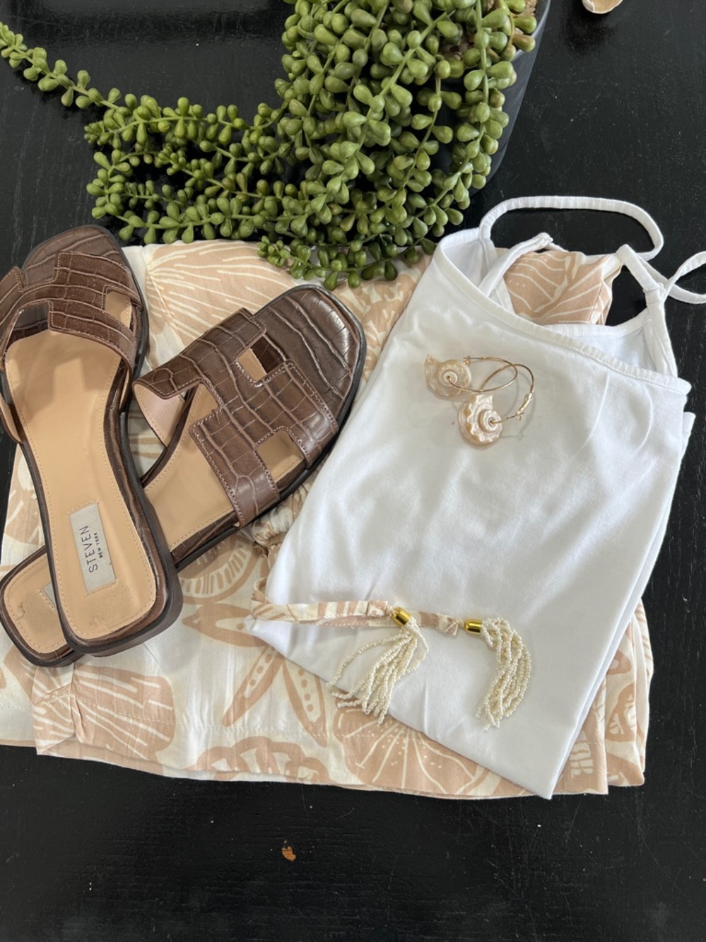 Neutral Seashell Print Wide Leg Pants